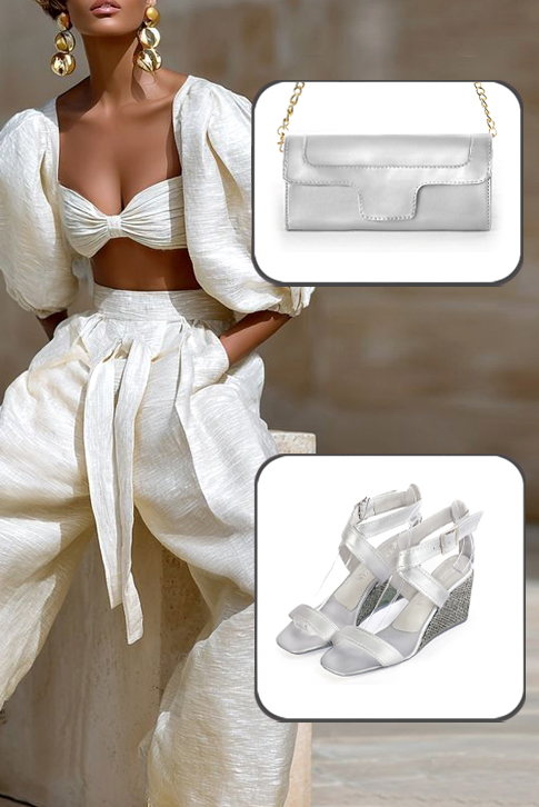 Women's silver elegant fully open cross straps sandals. Square toe. Medium wedge heels - Top view